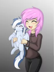 Size: 1999x2663 | Tagged: safe, artist:mariashapony, artist:maxiclouds, derpibooru import, oc, oc:mariasha, oc:maxi, human, pegasus, pony, blushing, clothes, cute, duo, eyes closed, female, gradient background, holding a pony, hoodie, jeans, mare, pants, simple background, smiling, wings