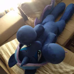 Size: 960x960 | Tagged: safe, artist:burgunzik, derpibooru import, princess luna, pony, behaving like a dog, cute, irl, life size, lunabetes, on back, photo, plushie, solo