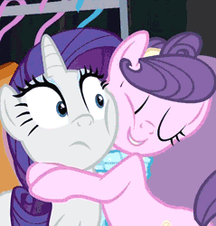 Size: 500x522 | Tagged: safe, derpibooru import, screencap, rarity, suri polomare, earth pony, pony, unicorn, rarity takes manehattan, animated, clothes, cropped, cute, gif, hape, hug, no sense of personal space, personal space invasion, scarf, smiling, squishy cheeks, suribetes, uncomfortable