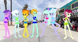 Size: 3198x1754 | Tagged: safe, artist:jawsandgumballfan24, derpibooru import, amethyst star, cloudchaser, fleetfoot, flitter, lightning dust, roseluck, spitfire, equestria girls, barefoot, beach, bikini, california, clothes, cloud, equestria girls in real life, equestria girls-ified, feet, female, irl, los angeles, palm tree, photo, sand, summer, swimsuit, tree, venice beach