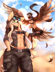 Size: 1024x1346 | Tagged: suggestive, artist:teranen, derpibooru import, part of a set, applejack, anthro, bird, earth pony, animal, belly button, belt, breasts, cargo pants, cleavage, clothes, desert, feather, female, fingerless gloves, gloves, goggles, image, open clothes, open jacket, pants, png, solo, underboob