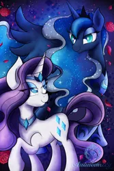 Size: 1024x1536 | Tagged: safe, artist:animechristy, derpibooru import, nightmare rarity, princess luna, rarity, alicorn, pony, unicorn, alternate costumes, alternate hairstyle, ethereal mane, female, flower, implied shipping, lesbian, looking at each other, mare, raised hoof, rariluna, rose, shipping, smiling, starry mane