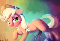 Size: 2000x1377 | Tagged: safe, artist:discorded, artist:vanillaghosties, derpibooru import, applejack, earth pony, pony, abstract background, bedroom eyes, collaboration, cowboy hat, cute, female, floppy ears, freckles, hat, jackabetes, lidded eyes, looking at you, mare, misleading thumbnail, not what it looks like, raised hoof, raised leg, signature, smiling, smirk, smug, smugjack, solo, stetson