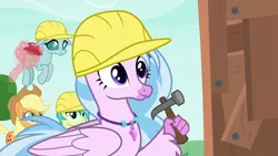 Size: 1280x720 | Tagged: safe, derpibooru import, screencap, applejack, ocellus, sandbar, silverstream, earth pony, hippogriff, pony, non-compete clause, cute, diastreamies, female, hammer, hard hat, male