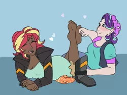 Size: 2048x1536 | Tagged: suggestive, alternate version, artist:incendiaryboobs, derpibooru import, starlight glimmer, sunset shimmer, human, equestria girls, mirror magic, spoiler:eqg specials, barefoot, beanie, blue background, blushing, boots, breasts, clothes, dark skin, dress, erotic tickling, eyes closed, feet, female, females only, fetish, foot fetish, hat, heart, humanized, jacket, leather jacket, lesbian, open mouth, prone, shimmerglimmer, shipping, shoes, simple background, socks, soles, tickle fetish, tickling