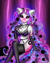 Size: 1600x2000 | Tagged: suggestive, artist:floottie, derpibooru import, oc, unofficial characters only, anthro, unicorn, anthro oc, armlet, ass, belt, black sclera, breasts, brony, burlesque, clothes, dancer, dancing, ethereal mane, evening gloves, female, gloves, jewelry, lace, legs, long gloves, mare, necklace, perfomance, rest, show, sitting, smoke, smoking, solo, solo female, space, starry mane, stockings, thigh highs, underwear, ych result