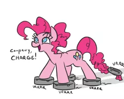 Size: 474x380 | Tagged: safe, artist:jargon scott, derpibooru import, pinkie pie, earth pony, pony, about to have tail sucked into a roomba, dialogue, female, mare, pinkie being pinkie, roomba, roombapie, simple background, solo, vrrr, white background