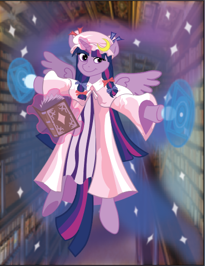 Size: 410x531 | Tagged: alicorn, anthro, artist:nightveil, artist:nightveilnocturne, book, bookcase, clothes, derpibooru import, glowing hooves, glowing horn, magic, patchouli knowledge, safe, semi-anthro, telekinesis, touhou, twichouli, twilight sparkle, twilight sparkle (alicorn)