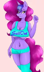 Size: 1200x1920 | Tagged: suggestive, artist:zomixnu, derpibooru import, oc, oc:doozy, unofficial characters only, anthro, unicorn, belly button, breasts, cleavage, digital art, female, mare, sellout, signature, simple background, smiling, smirk, solo, solo female