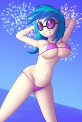 Size: 1280x1920 | Tagged: suggestive, artist:zelc-face, derpibooru import, vinyl scratch, equestria girls, adorasexy, alternative cutie mark placement, arm behind head, armpits, beach babe, bikini, bikini babe, blushing, bouncing, bouncing breasts, breasts, busty vinyl scratch, clothes, crotchmark, cute, cutie mark, cutie mark on equestria girl, female, fireworks, grin, legs, looking at you, micro bikini, purple swimsuit, sexy, skimpy outfit, smiling, solo, solo female, spherical breasts, sunglasses, swimsuit, thighs, underboob, vinylbetes, zelc-face's swimsuits