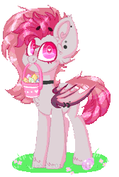 Size: 291x434 | Tagged: safe, artist:wolfs42, derpibooru import, oc, oc:candy quartz, unofficial characters only, bat pony, pony, animated, basket, bat pony oc, blinking, cute, ear piercing, easter, easter egg, female, heart eyes, holiday, mouth hold, piercing, pixel art, simple background, transparent background, wing piercing, wingding eyes, ych result