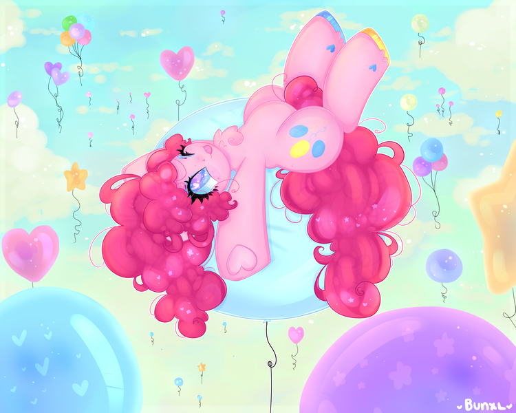 Size: 4000x3200 | Tagged: safe, artist:bunxl, derpibooru import, pinkie pie, earth pony, pony, balloon, belly, chubby, female, floating, mare, solo, then watch her balloons lift her up to the sky, tongue out