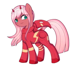 Size: 2500x2250 | Tagged: safe, artist:kas92, derpibooru import, ponified, earth pony, pony, bodysuit, darling in the franxx, devil horns, fangs, female, headband, horns, lidded eyes, looking at you, mare, simple background, smiling, smirk, solo, transparent background, windswept mane, zero two (darling in the franxx)