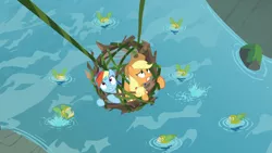 Size: 1280x720 | Tagged: safe, derpibooru import, screencap, applejack, rainbow dash, biteacuda, fish, pony, non-compete clause, branches, cage, dangling, fangs, female, looking up, mare, open mouth, school of fish, spread wings, vine, wings