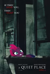 Size: 674x1000 | Tagged: safe, artist:moonlightthegriffon, derpibooru import, tempest shadow, pony, unicorn, my little pony: the movie, a quiet place, broken horn, emily blunt, fear, female, hiding, movie poster, scared, shadow, voice actor joke