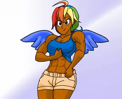 Size: 1179x956 | Tagged: abs, artist:matchstickman, breasts, clothes, dark skin, derpibooru import, female, human, humanized, muscles, rainbow dash, rainbuff dash, shirt, shirt lift, solo, solo female, suggestive, winged humanization, wings