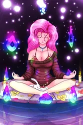 Size: 2000x3000 | Tagged: angel bunny, artist:fanarteiro, bikini, breasts, busty fluttershy, candle, cleavage, clothes, derpibooru import, fluttershy, high res, human, humanized, leaf, meditation, rock, solo focus, suggestive, sweater, sweatershy, swimsuit, underwear, water