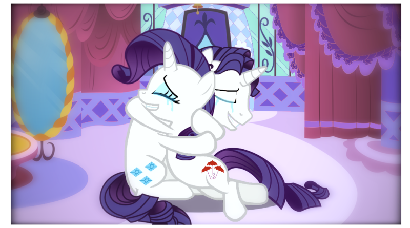 Size: 1024x570 | Tagged: safe, artist:rememberstar, derpibooru import, rarity, pony, fanfic, fanfic:on a cross and arrow, crying, elusive, fake cutie mark, fanfic art, hug, male, rarilusive, rule 63, self ponidox, selfcest, shipping, straight, tears of joy