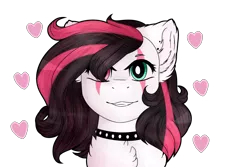 Size: 3000x2000 | Tagged: safe, artist:doux-ameri, derpibooru import, oc, oc:emala jiss, earth pony, pony, bust, chibi, choker, eye scar, female, heart, heterochromia, high res, mare, portrait, scar, simple background, solo, spiked choker, transparent background