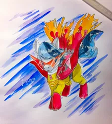 Size: 1156x1280 | Tagged: safe, artist:theorderofalisikus, derpibooru import, ponified, pony, fusion, kamina, saitama, solo, tengen toppa gurren lagann, traditional art, watercolor painting