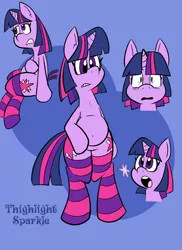 Size: 576x792 | Tagged: safe, artist:pembroke, derpibooru import, twilight sparkle, pony, unicorn, belly button, chubby, clothes, female, mare, socks, solo, striped socks, thighlight sparkle, thunder thighs