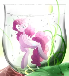 Size: 1100x1200 | Tagged: safe, artist:tohupo, derpibooru import, pinkie pie, earth pony, pony, cup, cup of pony, female, looking at you, mare, micro, solo, underwater