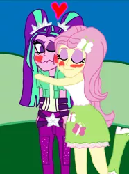 Size: 2000x2691 | Tagged: safe, artist:bigpurplemuppet99, derpibooru import, aria blaze, fluttershy, human, pony, equestria girls, ariashy, blushing, embarrassed, female, flutterblaze, hug, lesbian, shipping