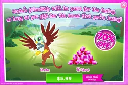 Size: 1955x1303 | Tagged: safe, derpibooru import, official, screencap, greta, gryphon, advertisement, costs real money, crack is cheaper, game, gameloft, landing, rhyme, why gameloft why