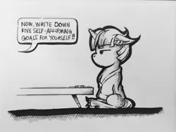 Size: 1280x960 | Tagged: safe, artist:dreamingnoctis, derpibooru import, twilight sparkle, pony, ask asylum twilight, ask, chibi, cute, dialogue, dusk shine, duskabetes, monochrome, rule 63, rule63betes, solo, traditional art, tumblr