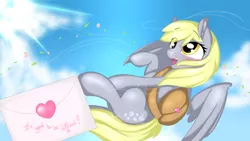 Size: 2560x1440 | Tagged: safe, artist:saralien, derpibooru import, derpy hooves, pegasus, pony, bag, blushing, cloud, crepuscular rays, ear fluff, eye clipping through hair, female, flying, heart, letter, mail, mailbag, mailmare, mare, open mouth, sky, smiling, solo, spread wings, upside down, wings