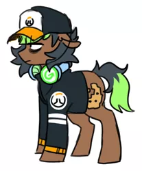 Size: 408x493 | Tagged: safe, artist:redxbacon, derpibooru import, oc, oc:pixel bite, unofficial characters only, earth pony, pony, bags under eyes, baseball cap, cap, clothes, fan, hat, headphones, jacket, overwatch, solo
