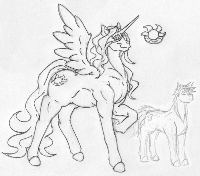 Size: 2073x1827 | Tagged: safe, artist:siegfriednox, derpibooru import, oc, oc:summer sunshine, unofficial characters only, alicorn, pony, alicorn oc, chubby, female, hoers, mare, size difference, traditional art