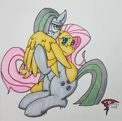 Size: 2911x2876 | Tagged: safe, artist:andras, derpibooru import, fluttershy, marble pie, earth pony, pegasus, pony, cute, female, hair over one eye, hiding, hooves, hug, lesbian, marbleshy, mare, peeking, shipping, smiling, traditional art, wings