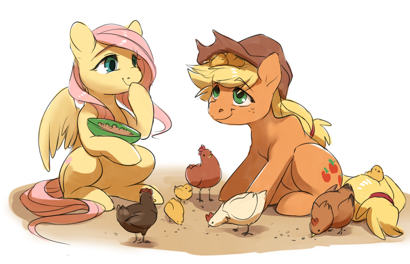 Size: 1435x924 | Tagged: safe, artist:audrarius, derpibooru import, applejack, fluttershy, bird, chicken, pony, appleshybomb, appleshy, chick, cute, feeding, female, jackabetes, lesbian, shipping, shyabetes, simple background, white background