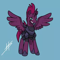 Size: 1280x1280 | Tagged: safe, artist:pencilbrony, derpibooru import, tempest shadow, alicorn, pony, alicornified, blue background, evil grin, eye scar, female, grin, mare, race swap, scar, signature, simple background, smiling, solo, spread wings, tempest gets her horn back, tempest gets her wings back, tempest now has a true horn, tempesticorn, wings
