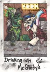 Size: 1500x2147 | Tagged: safe, artist:rottenroadkill, derpibooru import, oc, oc:scotch macmanus, oc:vilevick, pony, alcohol, bar, barbell piercing, beer, beer bottle, buddies, clothes, collar, draft horse, drinking, drunk, ear piercing, earring, epaulettes, fangs, flannel, glass, ice cube, jacket, jewelry, laughing, leather jacket, male, marker drawing, mohawk, necklace, nose piercing, nose ring, piercing, polaroid, popped collar, shot glass, sideburns, spiked collar, spilled drink, stallion, table, traditional art, unshorn fetlocks, whiskey