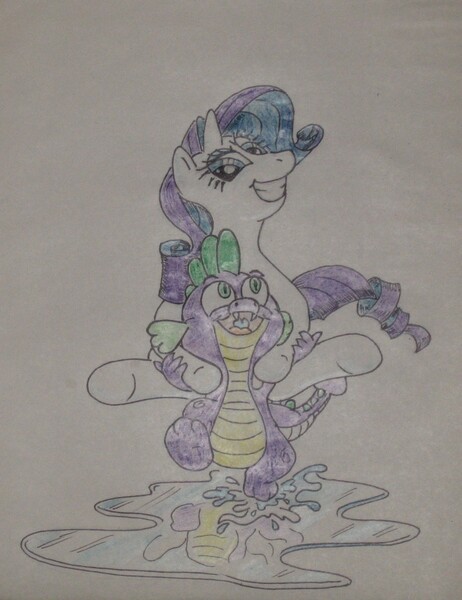 Size: 808x1050 | Tagged: safe, artist:hillbe, derpibooru import, rarity, spike, female, male, piggyback ride, running, shipping, sparity, straight, traditional art, water