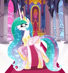 Size: 1118x1200 | Tagged: safe, artist:sugaryicecreammlp, derpibooru import, princess celestia, alicorn, pony, beautiful, canterlot castle, canterlot throne room, carpet, female, raised hoof, smiling, solo, sparkles, stained glass, throne, throne room