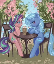 Size: 2900x3400 | Tagged: safe, artist:xjenn9, derpibooru import, starlight glimmer, trixie, pony, unicorn, blushing, chair, cute, dappled sunlight, female, food, frappuccino, lesbian, lidded eyes, looking away, looking down, mare, shipping, sitting, smiling, startrix, straw, sweet dreams fuel, table, tree, weapons-grade cute, whipped cream