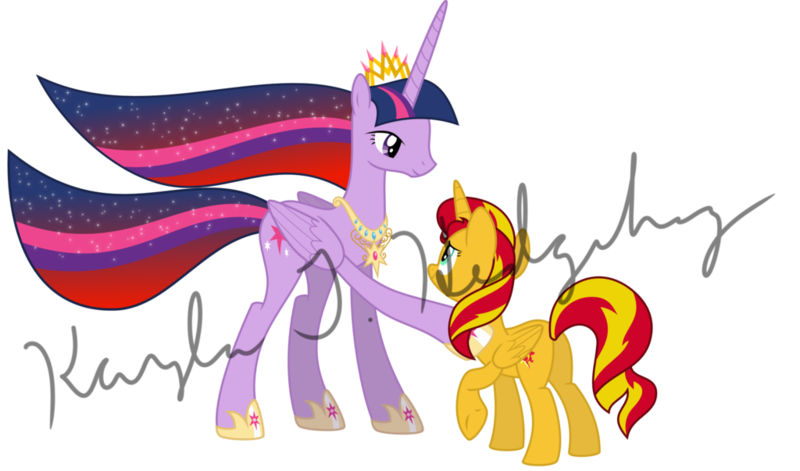 Size: 1024x603 | Tagged: safe, artist:kaylathehedgehog, derpibooru import, sunset shimmer, twilight sparkle, twilight sparkle (alicorn), alicorn, pony, alternate universe, flowing mane, hoof on shoulder, older, older twilight, simple background, transparent background, ultimate twilight, watermark