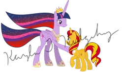 Size: 1024x603 | Tagged: safe, artist:kaylathehedgehog, derpibooru import, sunset shimmer, twilight sparkle, twilight sparkle (alicorn), alicorn, pony, alternate universe, flowing mane, hoof on shoulder, older, older twilight, simple background, transparent background, ultimate twilight, watermark