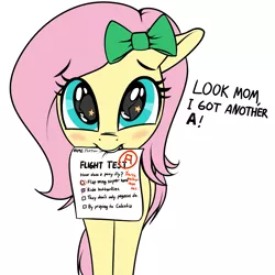 Size: 1453x1453 | Tagged: safe, artist:coinpo, derpibooru import, fluttershy, pony, altered grade, bad grade, blatant lies, blushing, bow, cute, daaaaaaaaaaaw, dawwww, dialogue, f, female, filly, filly fluttershy, floppy ears, hair bow, hnnng, mouth hold, paper, puppy dog eyes, shyabetes, simple background, solo, starry eyes, this will end in tears, weapons-grade cute, white background, wingding eyes, you tried, younger