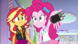 Size: 1280x720 | Tagged: safe, derpibooru import, edit, edited screencap, screencap, pinkie pie, sunset shimmer, a fine line, equestria girls, equestria girls series, balloon, beetle bonder, beetleborgs, big bad beetleborgs, bow, canterlot mall, clothes, female, geode of empathy, geode of sugar bombs, hair bow, jacket, leather jacket, looking at you, magical geodes, pinkie pie holding things, red striker borg, smiling