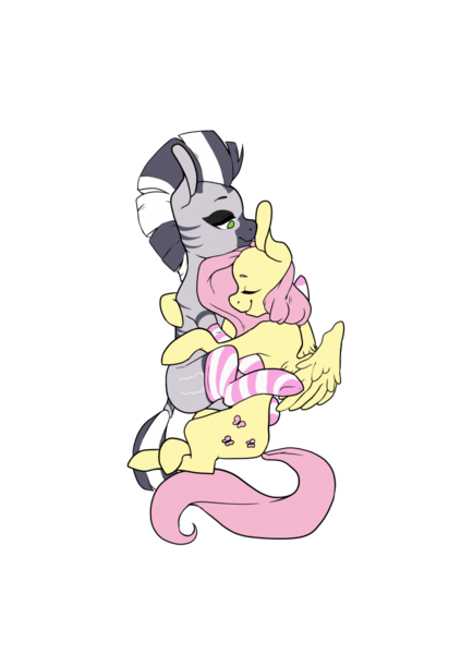 Size: 700x993 | Tagged: safe, artist:vilesoup, derpibooru import, fluttershy, oc, oc:zebra north, pegasus, pony, zebra, canon x oc, clothes, cuddling, eyes closed, green eyes, peaceful, simple background, snuggling, socks, striped socks, transparent background