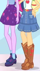 Size: 1242x2208 | Tagged: safe, derpibooru import, screencap, applejack, sci-twi, twilight sparkle, a fine line, equestria girls, equestria girls series, apple, belt, boots, clothes, cowboy boots, cropped, cutie mark on clothes, denim skirt, food, hand on hip, legs, pictures of legs, ponytail, shoes, skirt, socks