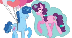 Size: 1624x864 | Tagged: safe, artist:xxbrowniepawxx, derpibooru import, party favor, sugar belle, pony, unicorn, balloon, base used, digital art, female, glowing horn, levitation, magic, male, mare, partybelle, self-levitation, shipping, simple background, stallion, straight, telekinesis, transparent background