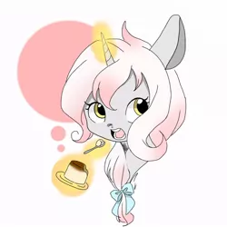 Size: 768x768 | Tagged: safe, artist:zoomiso, derpibooru import, oc, unofficial characters only, unicorn, bow, bust, cute, eating, female, flan, food, hair bow, looking away, mare, pudding, solo