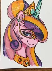 Size: 944x1280 | Tagged: safe, artist:nightmare-moons-throneroom, derpibooru import, princess cadance, pony, alternate hairstyle, bust, crystal horn, cute, cutedance, ear fluff, ear piercing, earring, i really like her mane, jewelry, looking at something, mask, necklace, piercing, solo, traditional art