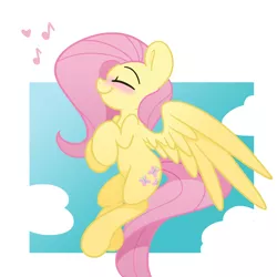 Size: 1500x1500 | Tagged: safe, artist:lou, derpibooru import, fluttershy, pegasus, pony, blushing, cloud, cute, eyes closed, female, flying, happy, mare, music notes, profile, shyabetes, singing, sky, smiling, solo, spread wings, wings