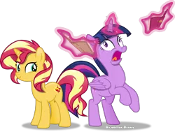 Size: 6443x4877 | Tagged: safe, artist:vector-brony, derpibooru import, sunset shimmer, twilight sparkle, twilight sparkle (alicorn), alicorn, pony, unicorn, equestria girls series, forgotten friendship, absurd resolution, book, cute, female, freakout, levitation, magic, mare, open mouth, rearing, screaming, shimmerbetes, simple background, smiling, telekinesis, that pony sure does love books, tongue out, transparent background